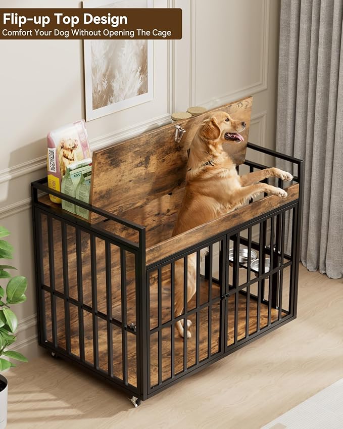 45 Inch Dog Crate Furniture, Heavy Duty Dog Kennel with 3 Doors, 2 Adjustable Bowls and Lockable Wheels, Wooden Dog House for Large Dogs, End Table Dog Cage, Rustic Brown
