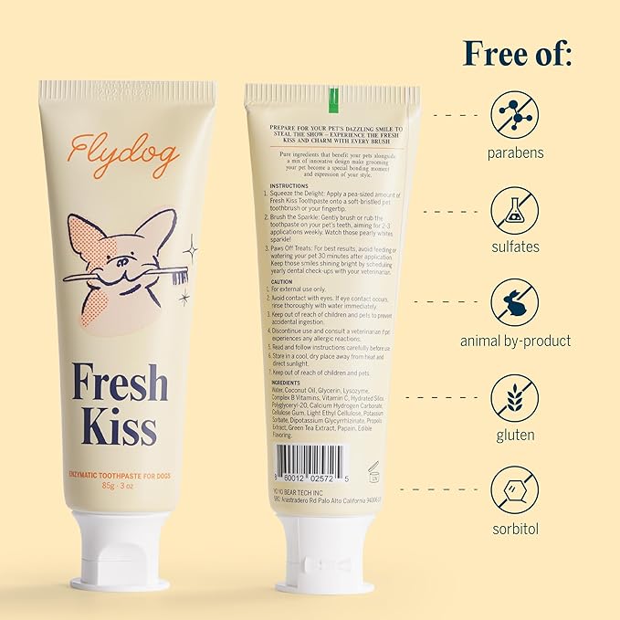 FlyDog Fresh Kiss Dog Tooth Brushing Kit - Vet Approved Formula, Enzymatic Dog Toothpaste and Brush - Breath Freshener & Tartar Remover, 360° Toothbrush & Finger Brush, Dental Guide, Peanut Butter