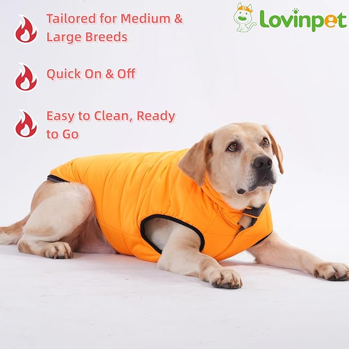 LovinPet Reversible Dog Puffer Coat for Medium & Large Dogs, Down‑Insulated Winter Jacket, Water‑Resistant & Wind‑Resistant, Anti‑Static, Dual-Sided Orange & Grey for Cold Weather,3XL