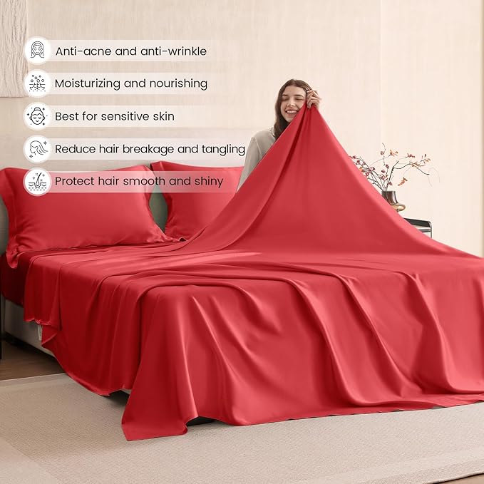 THXSILK Silk Sheet Set 4Pcs, 6A+ Top Grade 100% Natural Mulberry Silk Bed Sheets, Luxury Bedding Sets Ultra Soft Durable, 1 Fitted Sheet, 1 Flat Sheet and 2 Pillow Shams (Cal. King, Red)