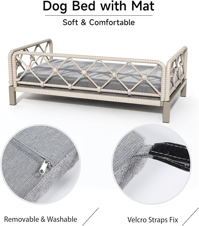 Dog Bed with Cushion, Cooling Elevated Raised Beds with Rattan Breathable Mesh and Universal Mat, Indoor & Outdoor Pet Cots for Large Dog, Grey