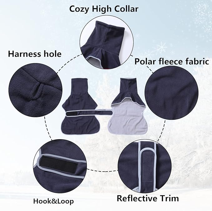 Geyecete Greyhound Cosy Fleece Jumper, Dog Winter Coat with Warm Fleece Lining, Outdoor Dog Apparel with Adjustable Bands for Medium, Large Dog Blue-S