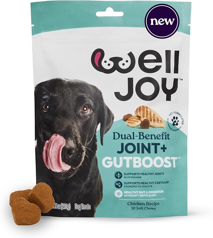 New! WellJoy Dog Treat Joint+ GutBoost | Glucosamine | Healthy Joints & Cartilage | Dual-Benefit GutBoost Formulation | Vet Formulated | Made in USA | Made with Real Shredded Chicken | 30 Soft Chews
