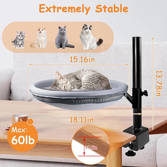 Large Cat Desk Bed x2, 360°Rotating & Adjustable Shelf, 15" Thickening Cat Bed for Desk with 2 Perch Holds 66lbs, Suitable for Various Desktops for 2 Cats