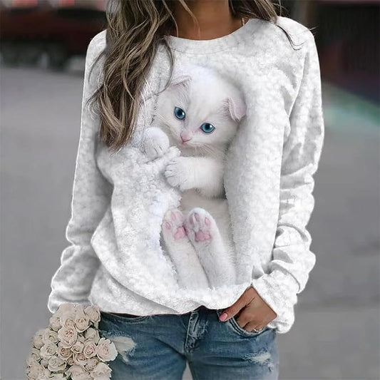 IVERIRMIN Women's 3D Cute Cat Print Sweatshirt Casual Long Sleeve Crewneck Cute Cat Pullover Loose Fit Shirts
