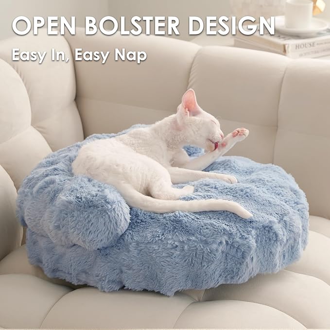 EHEYCIGA Small Dog Bed and Cat Couch for Puppy and Kitten - Fluffy Faux Rabbit Fur Pet Sofa with Washable Removable Cover, Waterproof and Non-Slip, 23 Inch, Baby Blue
