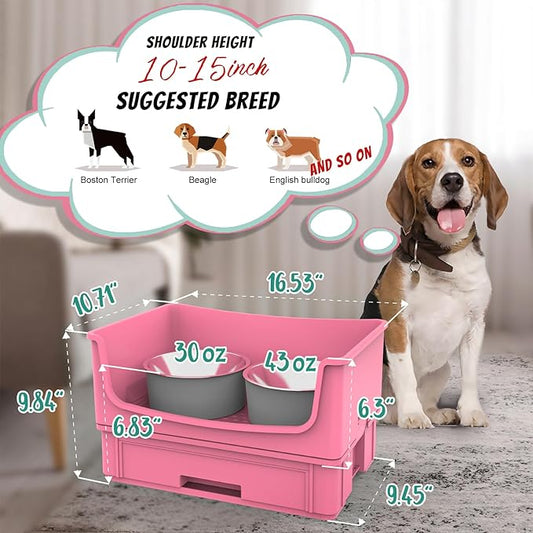 Mess Proof Dog Bowls, No Mess Dog Food and Water Bowl Set, No Spill Pet Feeder with 2 Stainless Steel Bowls for Medium Dogs