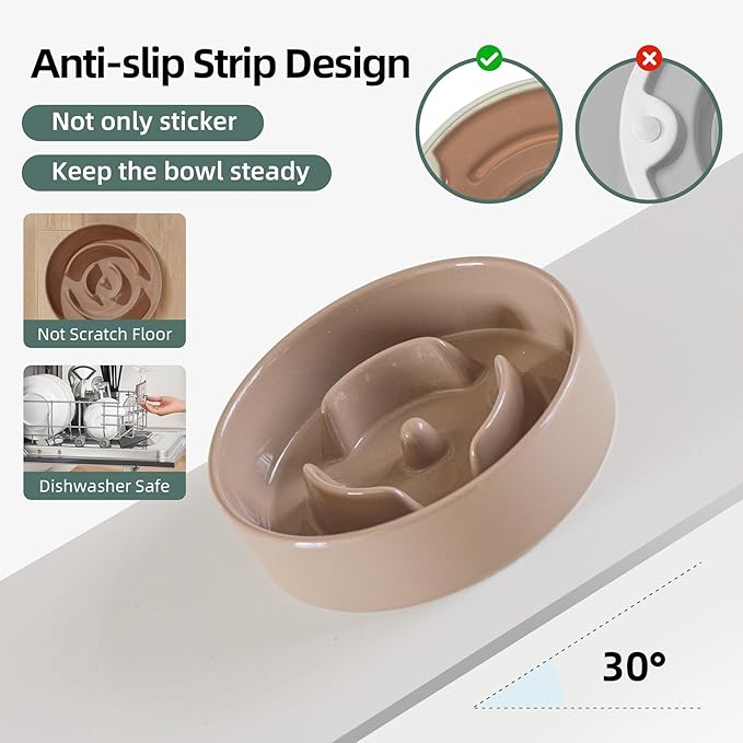 Ceramic 0.9 Cup Raised Slow Feeder Dog Bowl Set, Elevated 5.1inch Water Bowl and 6.1inch Puzzle Slow Pet Food Dish with Wooden Stand for Small Dog and Cat (2 x Brown Coffee+ Stand)