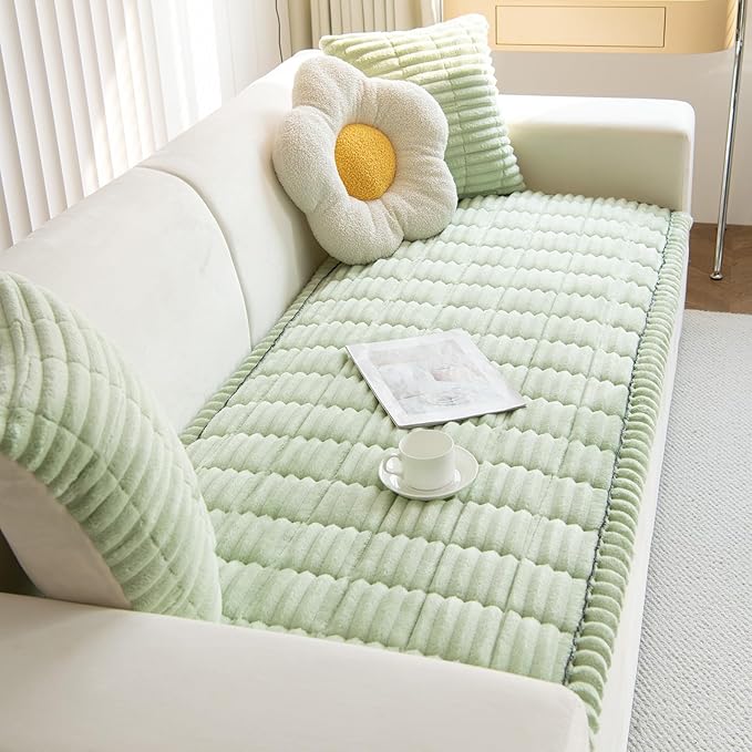 Faux Fur Plush Dog Couch Cover 3D Stripe Fuzzy Sofa Cover Non-Slip Fluffy Dog Bed Cover Pet Blanket Sofa Couch Furniture Protector for Puppy Large Dog Cat (Green,35"x70")