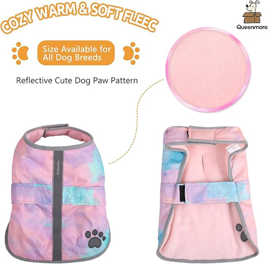 Queenmore Dog Winter Coat, Cold Weather Polyester Jacket for Dogs, Waterproof Reflective Reversible, for Small, Medium and Large Dogs (Tie-Dye, M)