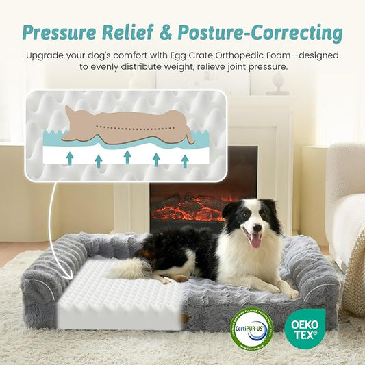 Faux Fur Orthopedic Dog Bed, Large Dog Bed, Supportive Foam Bolster Pet Sofa with Waterproof Lining Cover, Washable U-Shaped Pet Couch with Anti-Slip Bottom Design, Grey XL 42x30x7 inch