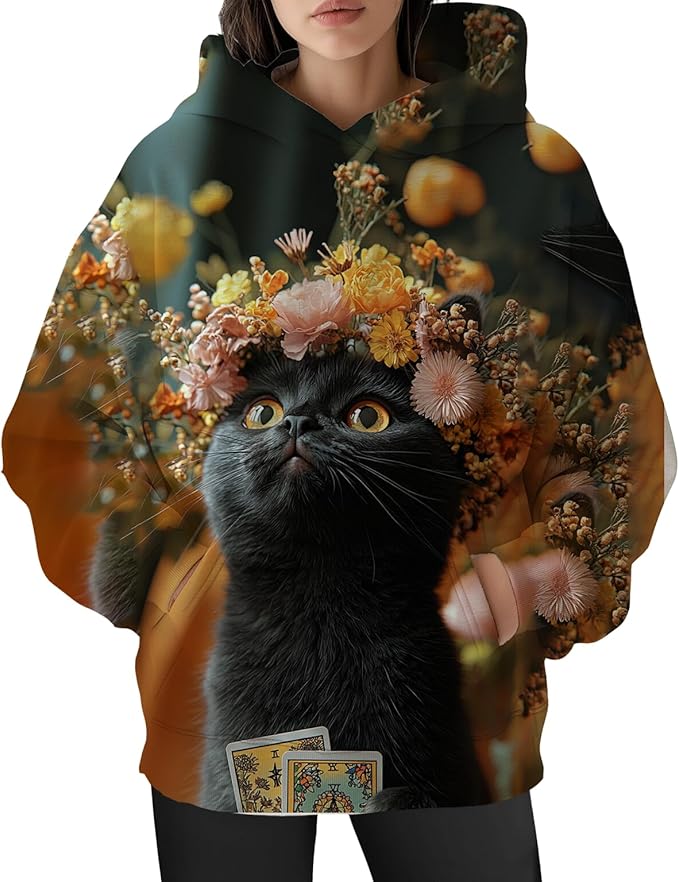 Womens Cat Print Hoodies Trendy Funny Cat Graphic Long Sleeve Sweatshirt Y2k Streetwear Hooded Pullover Tops