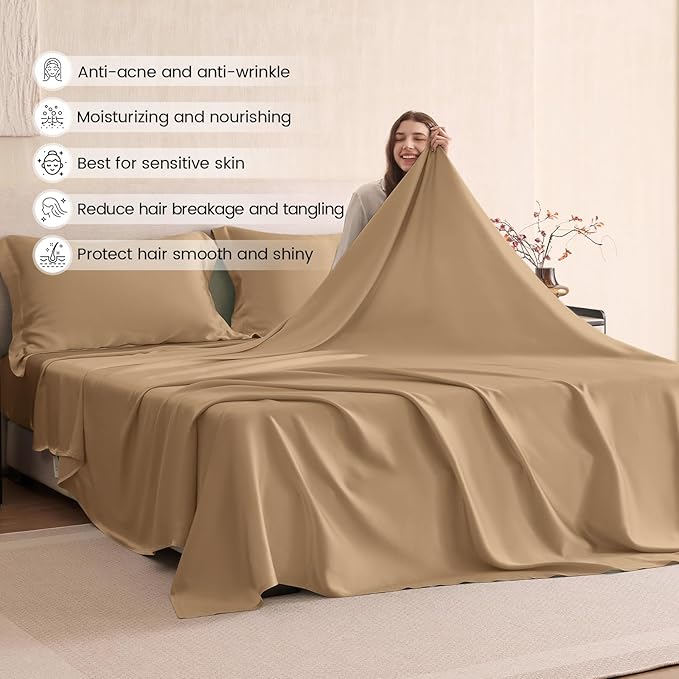 THXSILK Silk Sheet Set 4Pcs, 6A+ Top Grade 100% Natural Mulberry Silk Bed Sheets, Luxury Bed Sheet Set with Deep Pocket, 1 Fitted Sheet, 1 Flat Sheet and 2 Pillow Shams (Cal. King, Taupe)