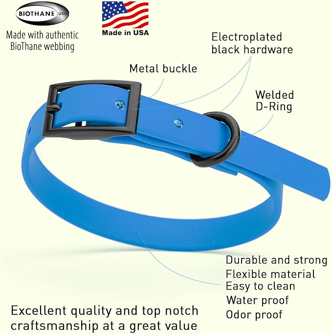 Dogline Biothane Coated Webbing Dog Collar with Black Metal Hardware: Durable Easy-Clean Everyday Collar for Dogs - Comfortable Adjustable Odor-Resistant Pet Collar, W1/2" x L9-12, Cerulean Blue