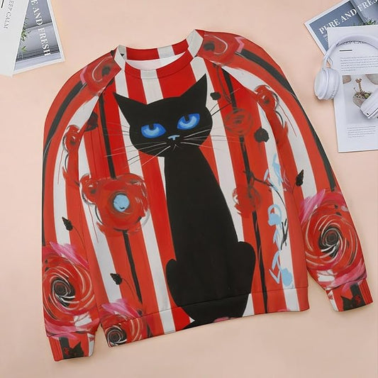 Biacolum Long Sleeve Shirts for Women Mid Century Retro Style Atomic Cat 3D Graphic Sweatshirts Fall Crewneck Pullover Top