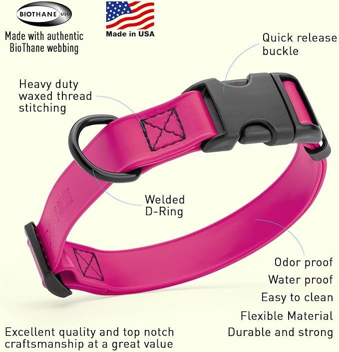 Dogline Durable Biothane Waterproof Collar for Dogs - Odor-Resistant Coated Webbing, Quick-Release Design, Comfortable Adjustable Fit, 3/4" W by 12-19" L,Magenta Pink