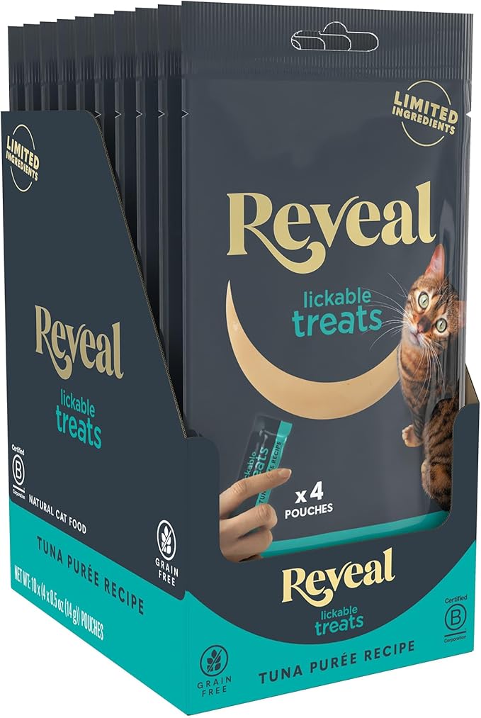Reveal Natural Lickable Purée Cat Treats, Grain Free and Made with Limited Ingredients, Tuna Recipe Squeeze Up Cat Treats (40 x 0.5 oz Pouches)