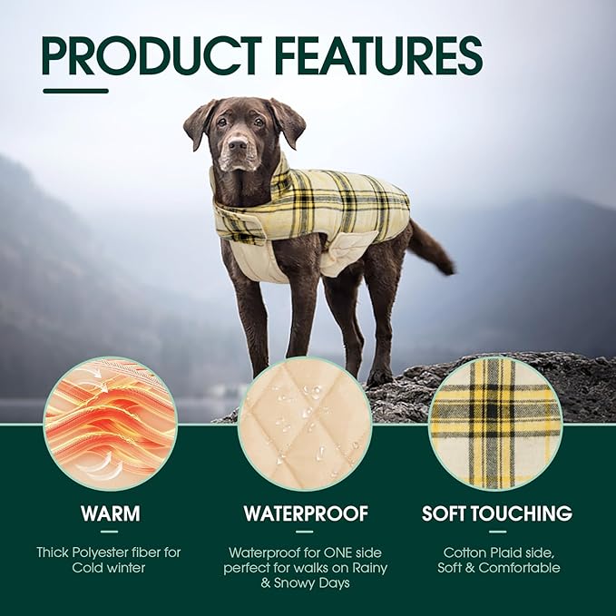 Kuoser Warm Dog Coat, Waterproof Dog Coats for X-Small Dogs, Adjustable Durable Doggie Winter Jacket Reversible Cozy Puppy Cold Weather Apparel from Small to Large Breed, Yellow XS