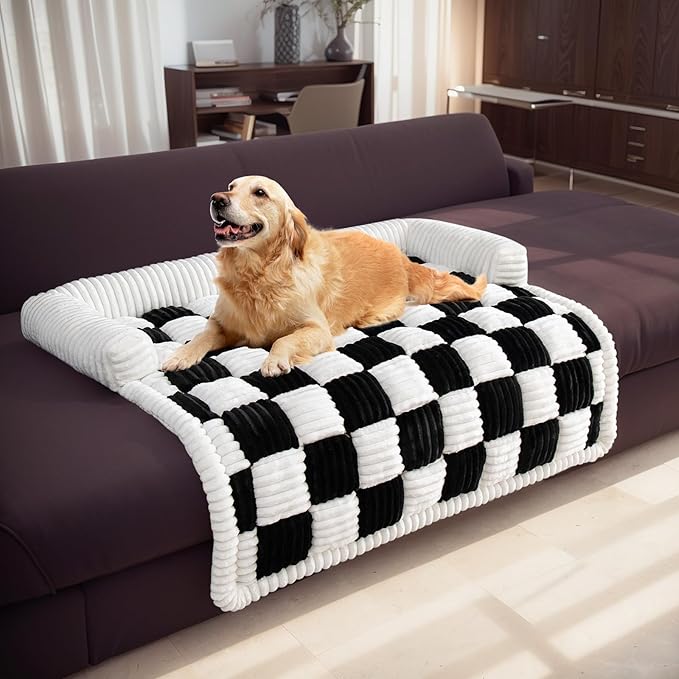 LiveGo Fuzzy Pet Couch Covers for Sofa, Dog Couch Cover Fuzzy Sofa Cover Cream Square Plaid Dog Bed Plush Dog Mat for Furniture Protector for Large Medium Dogs and Cats (Black, 29.5"*29.5")
