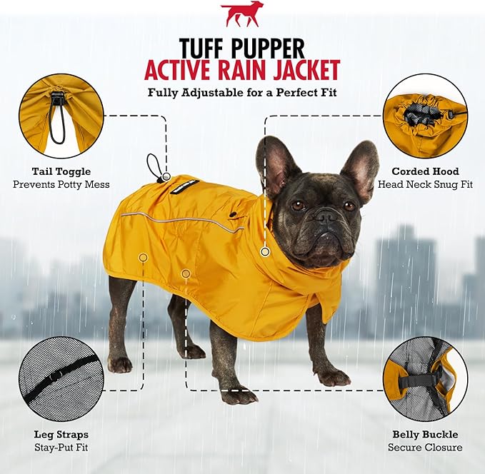 Tuff Pupper Waterproof Dog Raincoat | Full-Body Windproof Rain Jacket for Dogs | Reflective Strips | Breathable Mesh Lining | Adjustable Fit | Leash Port | Small Medium Large XL XXL Dogs (Yellow, XXS)