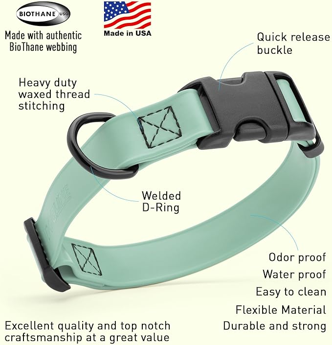 Dogline Durable Biothane Waterproof Collar for Dogs - Odor-Resistant Coated Webbing, Quick-Release Design, Comfortable Adjustable Fit, 5/8" W by 10-14" L,Sage Green