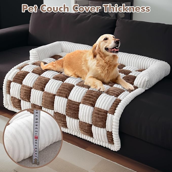LiveGo Fuzzy Pet Couch Covers for Sofa, Dog Couch Cover Fuzzy Sofa Cover Cream Square Plaid Dog Bed Plush Dog Mat for Furniture Protector for Large Medium Dogs and Cats (Dark Brown, 29.5"*29.5")