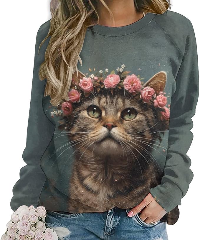 Womens novelty funny cat printed crewneck sweatshirt casual loose long sleeve graphic pullover sweatshirts tops