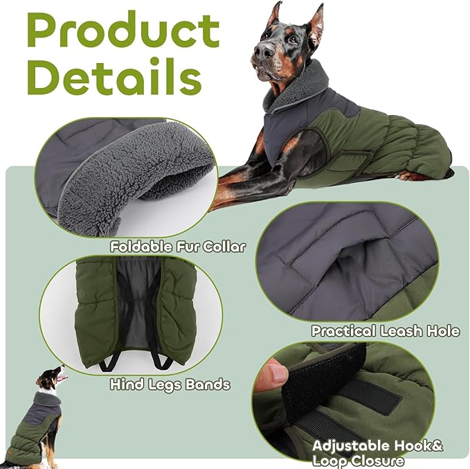 EMUST Dog Winter Coat, Thicken Fleece Lining Dog Snow Jacket Vest for Winter with Turtleneck, Adjustable Pet Puffer Jacket Snowsuit for Cold Weather, Green XL