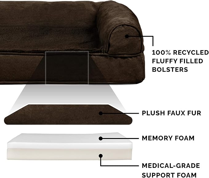 Furhaven Memory Foam Dog Bed for Large/Medium Dogs w/ Removable Bolsters & Washable Cover, For Dogs Up to 55 lbs - Plush & Suede Sofa - Espresso, Large