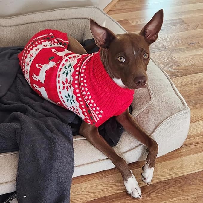 KYEESE Dog Christmas Sweater, Warm Turtleneck Dog Sweater for Small Dogs Boy Girl with Snowflake & Reindeer Pattern, Cozy Doggie Knitwear with Leash Hole, Soft Festvial Pet Clothes, X-Large