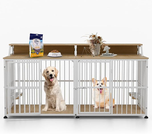 Dog Crate Furniture for 2 Dogs, 72" Extra Large Double Dog Cage Large Breed, XXL Thick Wooden Dog Crate with Storage Rack, Sturdy Dog Kennel with Removable Divider (Nature Wood & White)