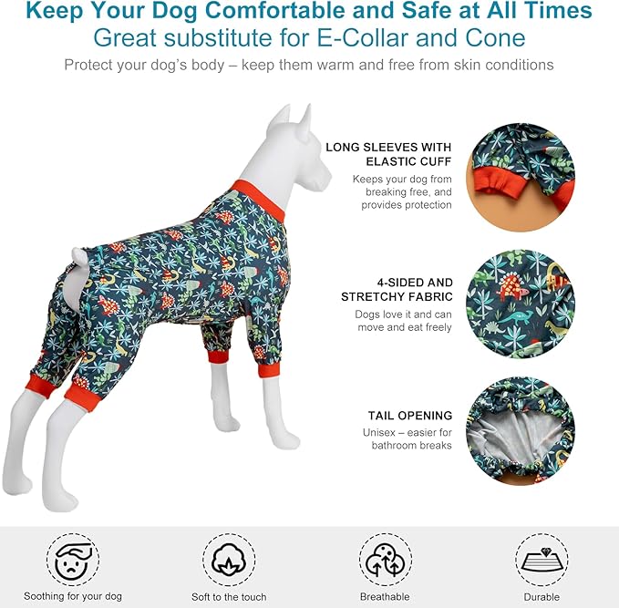 LovinPet Dog Clothing Large Breed, Lightweight Stretchy Fabric, Dark Green Dinosaur Print, Sun Protection, Pet Anxiety Relief Shirt, Easy Wearing Dog Onesie, Dog Costume for Parties,Medium