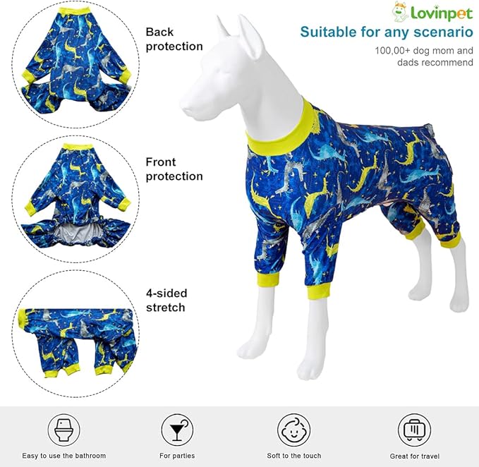 LovinPet Large Dog Pj - Pet Anxiety Calming Shirt, Dog Jammies for After Surgery, Lightweight Fabric, Blue Dragon Print, Pitbull Clothes, Long-Sleeved 4 Leg Style Pullover Dog Onesie, Dark Blue XL