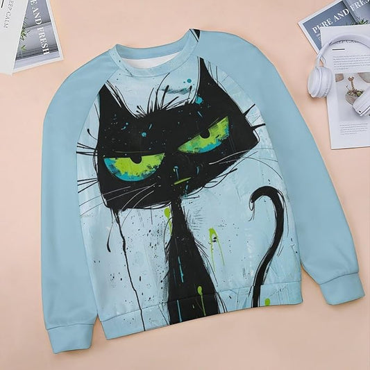 Biacolum Long Sleeve Shirts for Women Mid Century Retro Style Atomic Cat 3D Graphic Sweatshirts Fall Crewneck Pullover Top