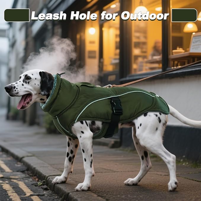 DENTRUN Winter Warm Dog Coat Reflective Jacket with Turtleneck for Cold Weather, Adjustable Buckle Windproof Water Repellent, Thick Snowsuit Fleece Vest for Small, Medium, Large Dogs, Green, S
