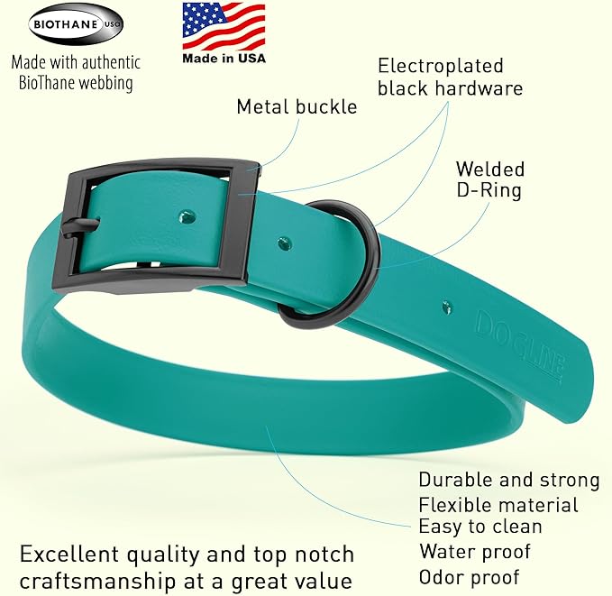 Dogline Biothane Coated Webbing Dog Collar with Black Metal Hardware: Durable Easy-Clean Everyday Collar for Dogs - Comfortable Adjustable Odor-Resistant Pet Collar, W1 x L18-22, Blue Aqua
