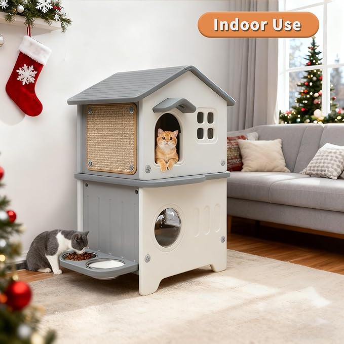 Rockever Outdoor Cat House with Insulated Liner, 100% Insulated Cat Houses for Winter Outside, 2 Story Waterproof Cat House For Outdoor Cats, Sturdy Stainless Steel Bowl & Scratching Post,Clean Easily