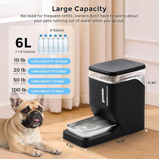 Automatic Cat and Dog Water Dispenser 6L with Stainless Steel Bowl, Gravity Water Bowl for Dogs Cats, 1.6 Gallon Pet Waterer 100% BPA Free, White