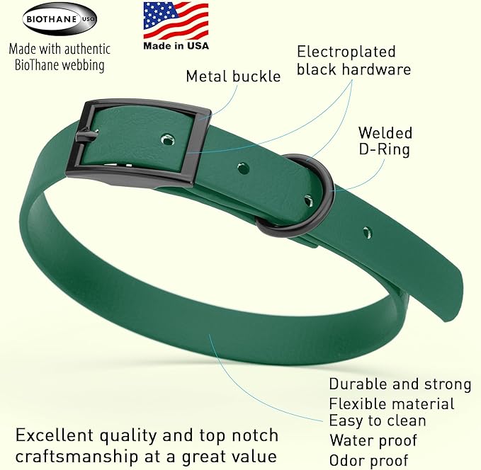 Dogline Biothane Coated Webbing Dog Collar with Black Metal Hardware: Durable Easy-Clean Everyday Collar for Dogs - Comfortable Adjustable Odor-Resistant Pet Collar, W5/8" x L12-15, Hunter Green