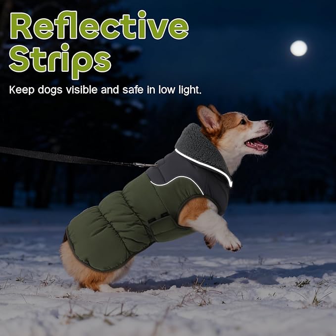 EMUST Dog Winter Jacket XXL, Soft Cozy Large Dog Coat with Leash Hole, Solid Color Reflective Pet Cold Weather Coats for Large Dogs Windproof, Green