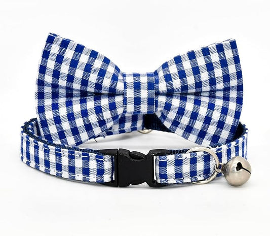 Blue Bufflo Plaid Cat Collar Bow Set, Wedding/Birthday Bowtie, Breakaway Collar for Kitten