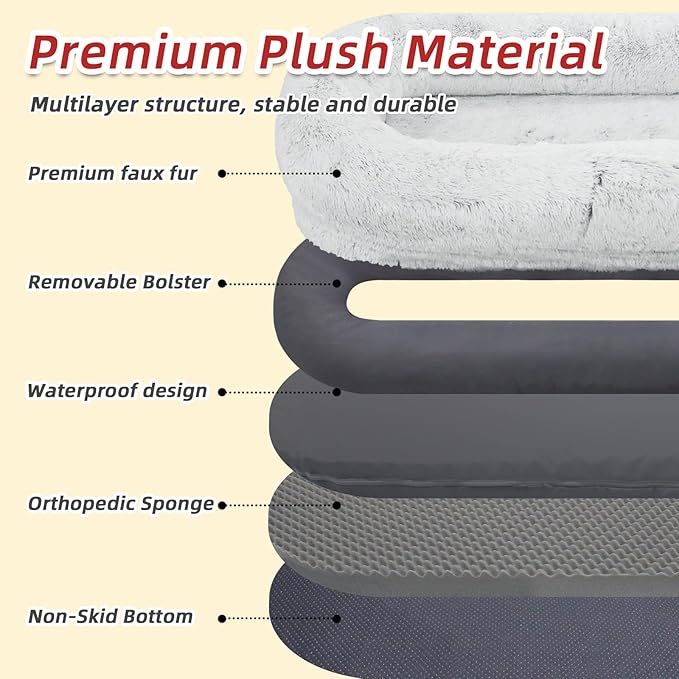 Human Dog Bed - 71"x45"x12" Orthopedic Bed for Humans & Pets, Washable, Plump Pillow, Blanket, Strap - Grey