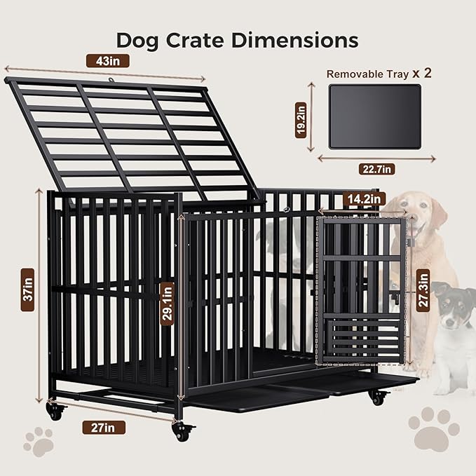 Heavy Duty Dog Crate, Escape-Proof Indestructible Cage for High-Anxiety Dogs, 3-Door Kennel with 4 Lockable Wheels and 2 Removable Trays Ideal for Large & Medium Breeds(43 Inch)