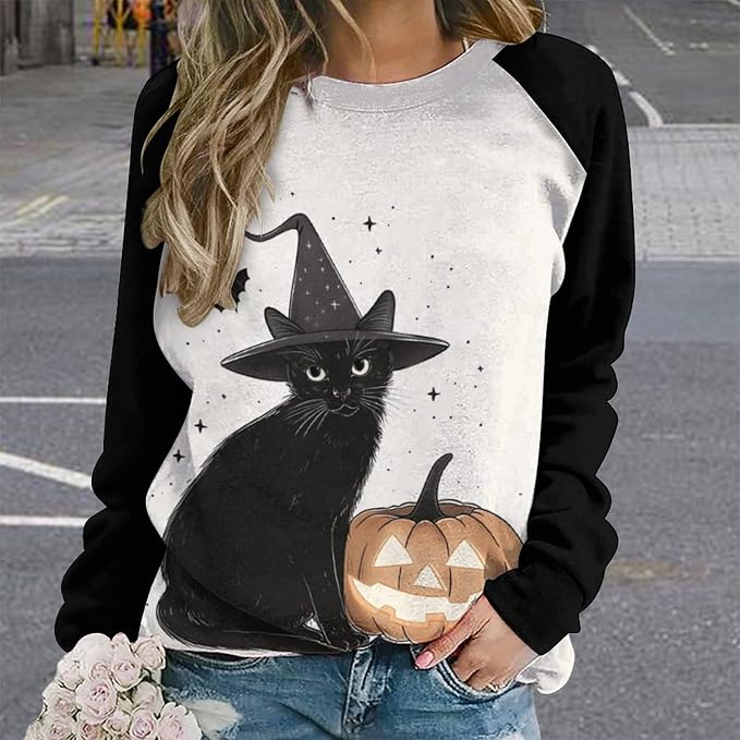 Womens novelty funny cat printed crewneck sweatshirt casual loose long sleeve graphic pullover sweatshirts tops