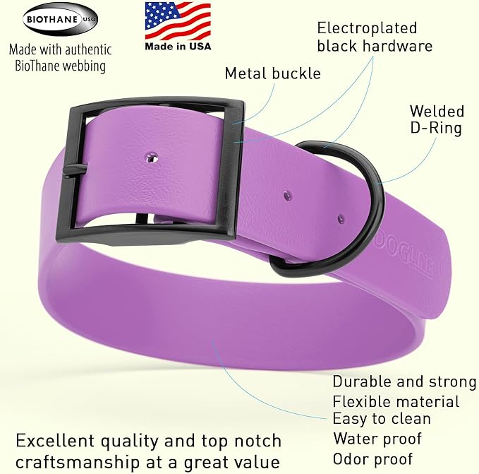 Dogline Biothane Coated Webbing Dog Collar with Black Metal Hardware: Durable Easy-Clean Everyday Collar for Dogs - Comfortable Adjustable Odor-Resistant Pet Collar, W1.5 x L24-28", Amethyst Purple
