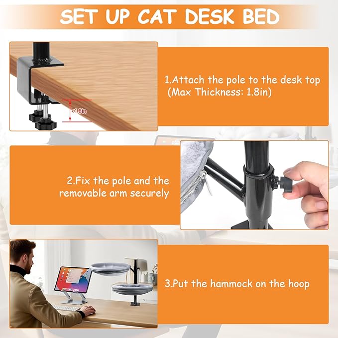 Large Cat Desk Bed x2, 360°Rotating & Adjustable Shelf, 15" Thickening Cat Bed for Desk with 2 Perch Holds 66lbs, Suitable for Various Desktops for 2 Cats