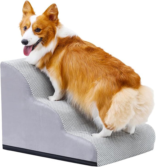 Makigued Dog Stairs for Small Dogs and Cats, 16" H 3 Steps Pet Steps Ramp for High Bed, Couch, Sofa, Waterproof Pet Stairs with Removable Washable Cover, Non-Slip Bottom, Light Gray