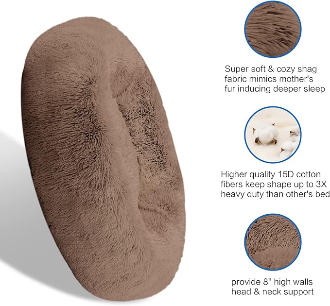 SAVFOX Plush Calming Dog Beds, Donut Dog Bed for Small Dogs, Medium, Large, X-Large & XX-Large, Comfy Cuddler Dog Bed and Cat Bed in Faux Fur, Washable Dog Bed, Multiple Sizes S-XXL