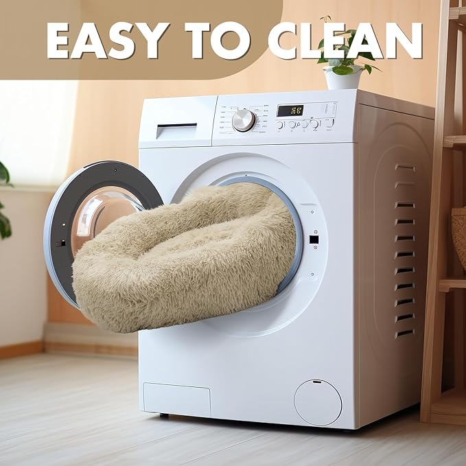 Athena Collection Washable Dog Bed Large Size Dog, Cat Bed for Indoor Cats, 36 Inches Fluffy Faux Fur Round Pet Bed Calming Cozy Soft Warming Donut for Large Size Pet, Beige