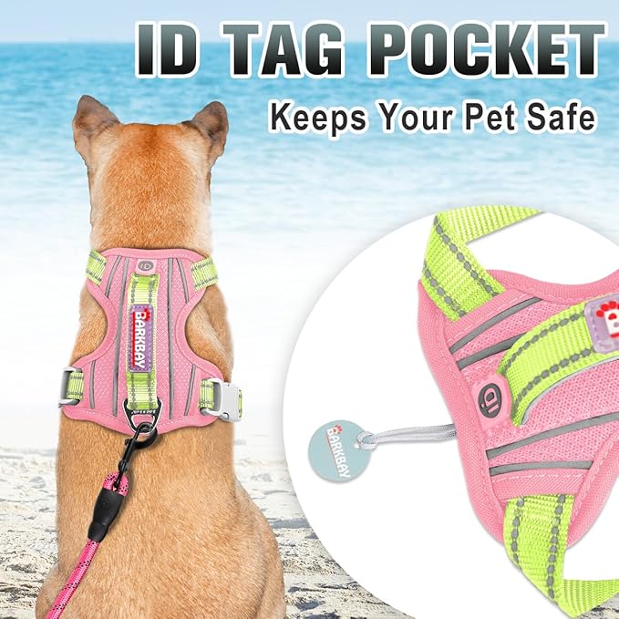 BARKBAY No Pull Dog Harness Large Reflective Dog Harness with Front Clip and Easy Control Handle for Walking Training Running with ID tag Pocket(Baby Pink & Sunlight,XL)